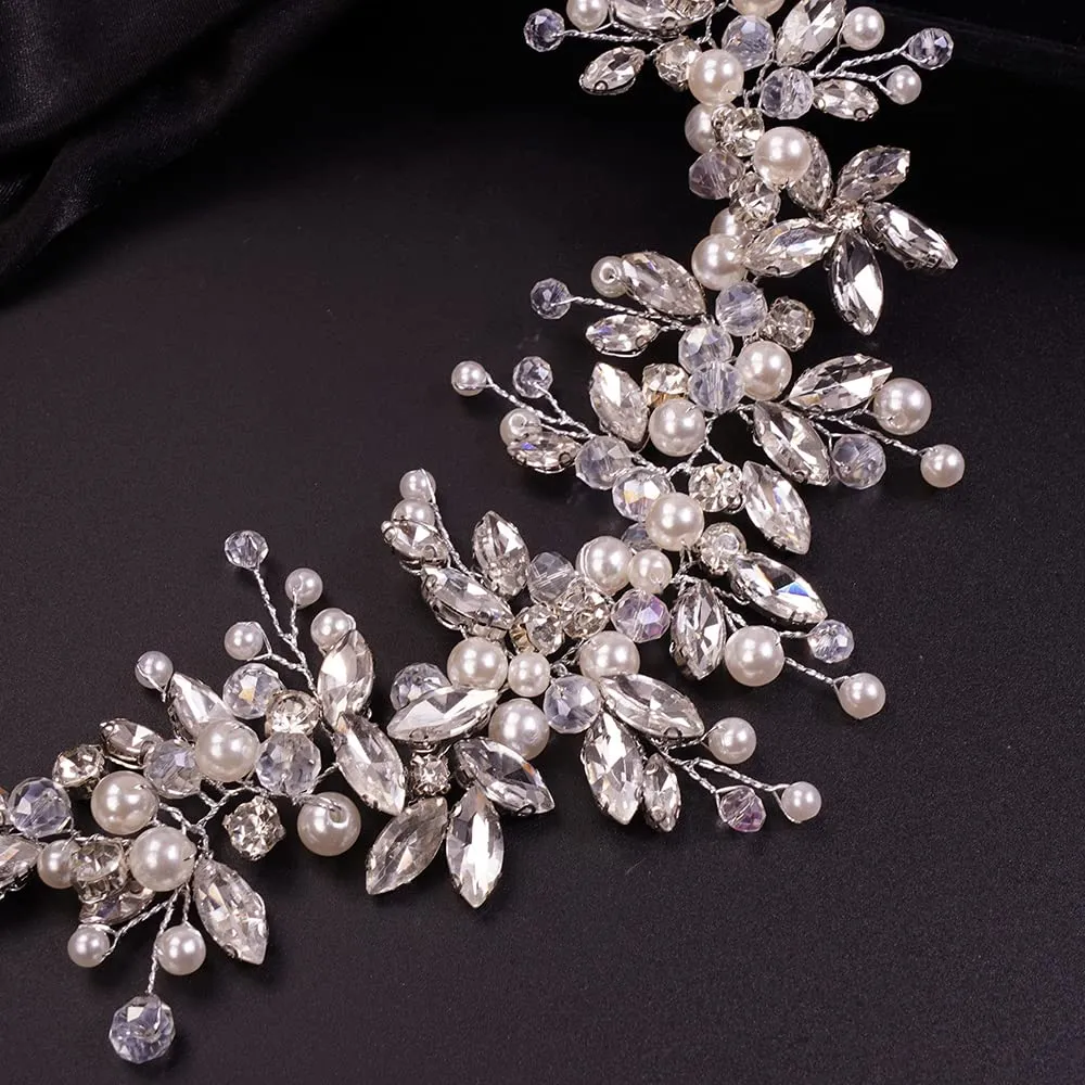 Teyglen Dainty Rhinestones Pearls Crystal Large Headband Hair Vine Handmade Bridal Flower Headband Wedding Hair Accessories for Brides Hair Pieces Gold Silver Headpieces for Women Girl (Silver)