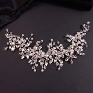 Teyglen Dainty Rhinestones Pearls Crystal Large Headband Hair Vine Handmade Bridal Flower Headband Wedding Hair Accessories for Brides Hair Pieces Gold Silver Headpieces for Women Girl (Silver)