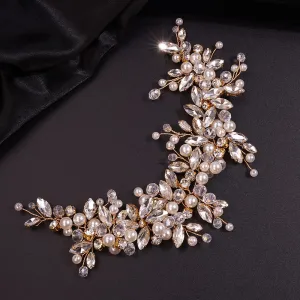 Teyglen Rhinestones Pearl Crystal Large Headband Hair Vine Bridal Flower Headband Wedding Hair Accessories Hair Piece Gold Headpieces for Women(Gold)