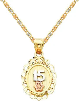 The World Jewelry Center 14k Real Tri Color Gold 15 A?os Pendant with 1.5mm Diamond Cut Chain Necklace