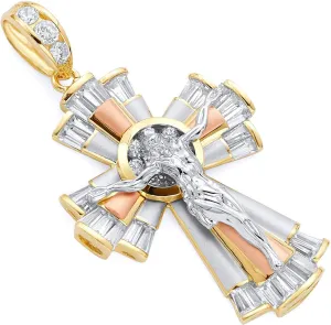 The World Jewelry Center 14k Real Tri Color Gold CZ Religious Crucifix Jesus Cross Charm Pendant