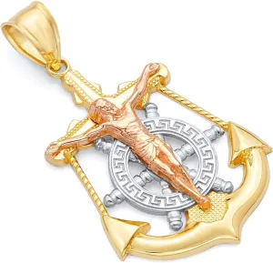 The World Jewelry Center 14k Real Tri Color Gold Religious Jesus Crucifix Cross Anchor Charm Pendant