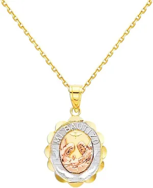 The World Jewelry Center 14k Tri-Color Gold Religious Baptism Pendant with 0.9mm Cable Chain Necklace