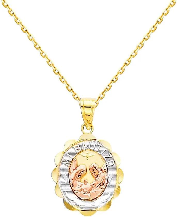 The World Jewelry Center 14k Tri-Color Gold Religious Baptism Pendant with 0.9mm Cable Chain Necklace
