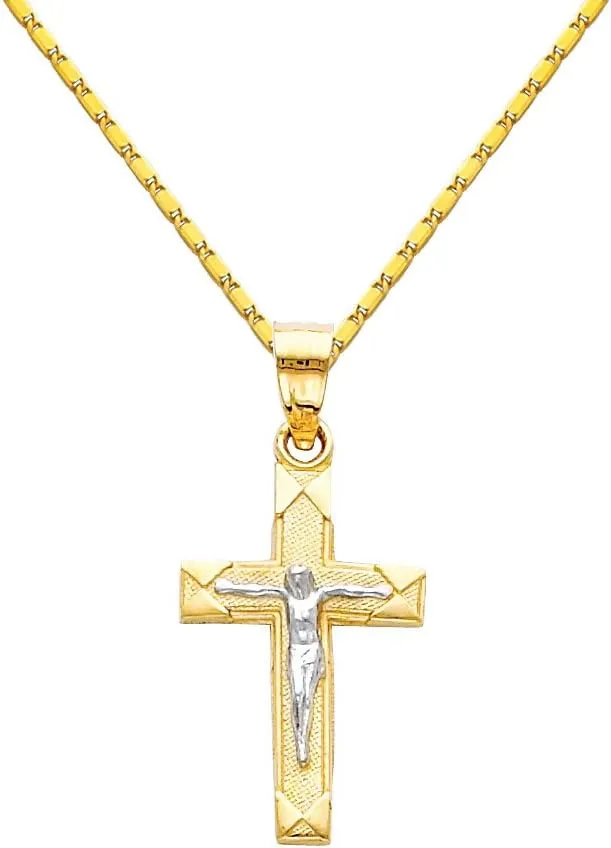 The World Jewelry Center 14k Two Tone Gold Jesus Cross Religious Pendant with 1mm Snail Link Chain Necklace