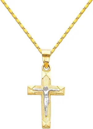 The World Jewelry Center 14k Two Tone Gold Jesus Cross Religious Pendant with 1mm Snail Link Chain Necklace