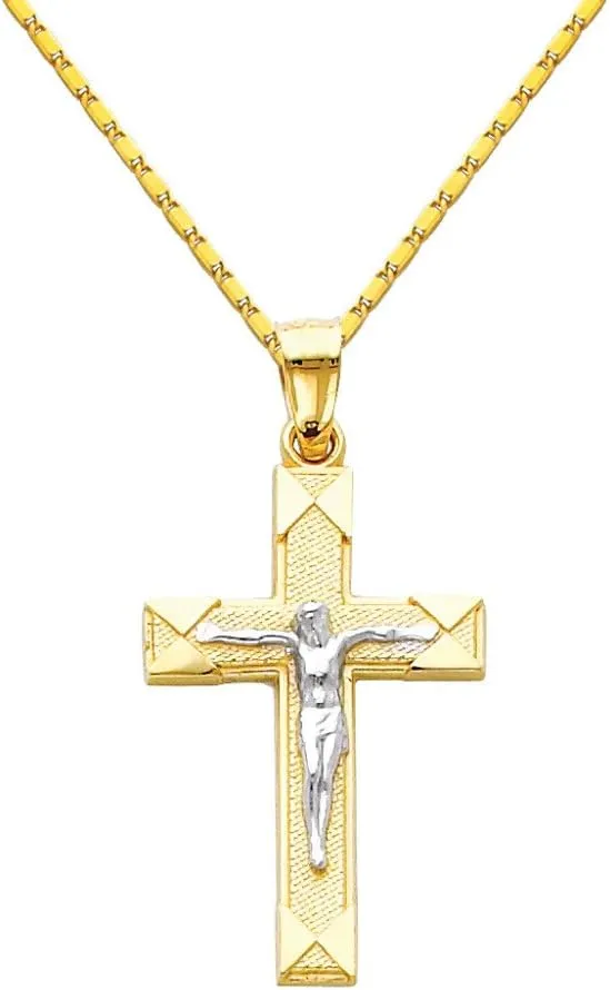 The World Jewelry Center 14k Two Tone Gold Jesus Cross Religious Pendant with 1mm Snail Link Chain Necklace