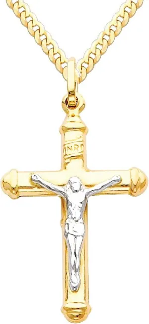 The World Jewelry Center 14k Two Tone Gold Jesus Cross Religious Pendant with 2mm Concave Curb Cuban Chain Necklace
