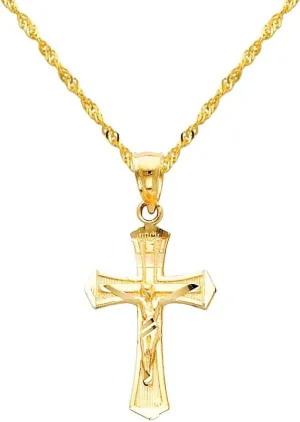 The World Jewelry Center 14k Yellow Gold Jesus Cross Religious Pendant with 1.2mm Singapore Chain Necklace