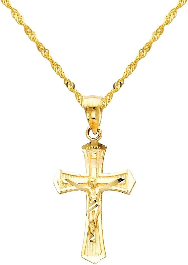 The World Jewelry Center 14k Yellow Gold Jesus Cross Religious Pendant with 1.2mm Singapore Chain Necklace