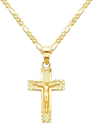The World Jewelry Center 14k Yellow Gold Jesus Cross Religious Pendant with 1.6mm Figaro Chain Necklace