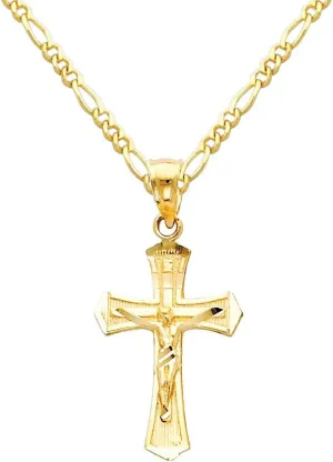 The World Jewelry Center 14k Yellow Gold Jesus Cross Religious Pendant with 1.6mm Figaro Chain Necklace