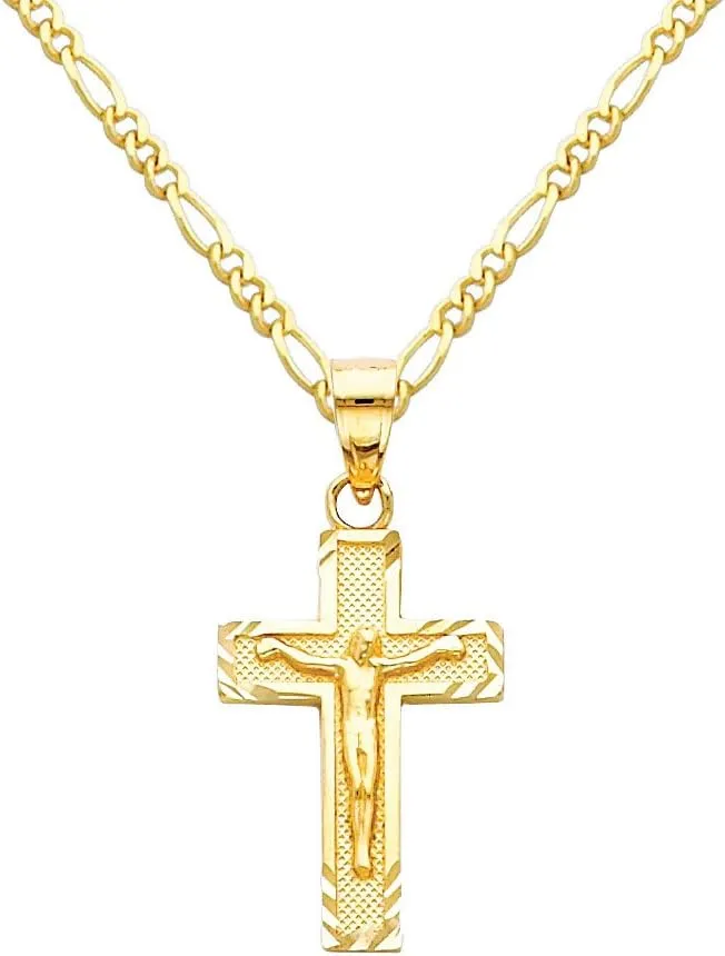 The World Jewelry Center 14k Yellow Gold Jesus Cross Religious Pendant with 1.6mm Figaro Chain Necklace
