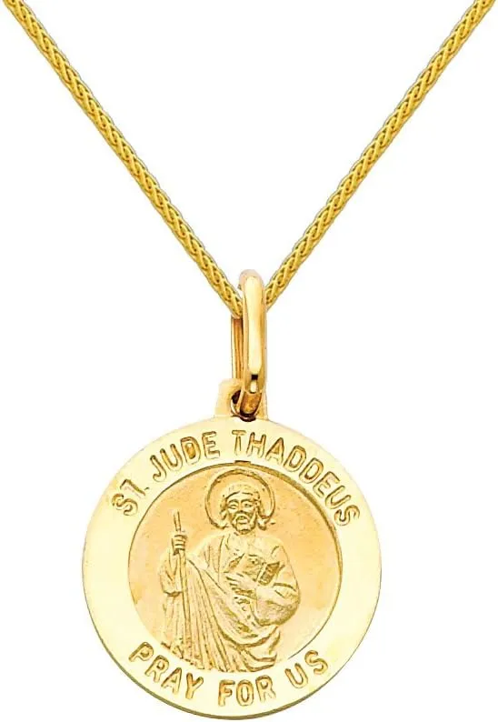 The World Jewelry Center 14k Yellow Gold Religious Saint Jude Thaddeus Medal Pendant with 0.9mm Braided Wheat Chain Necklace