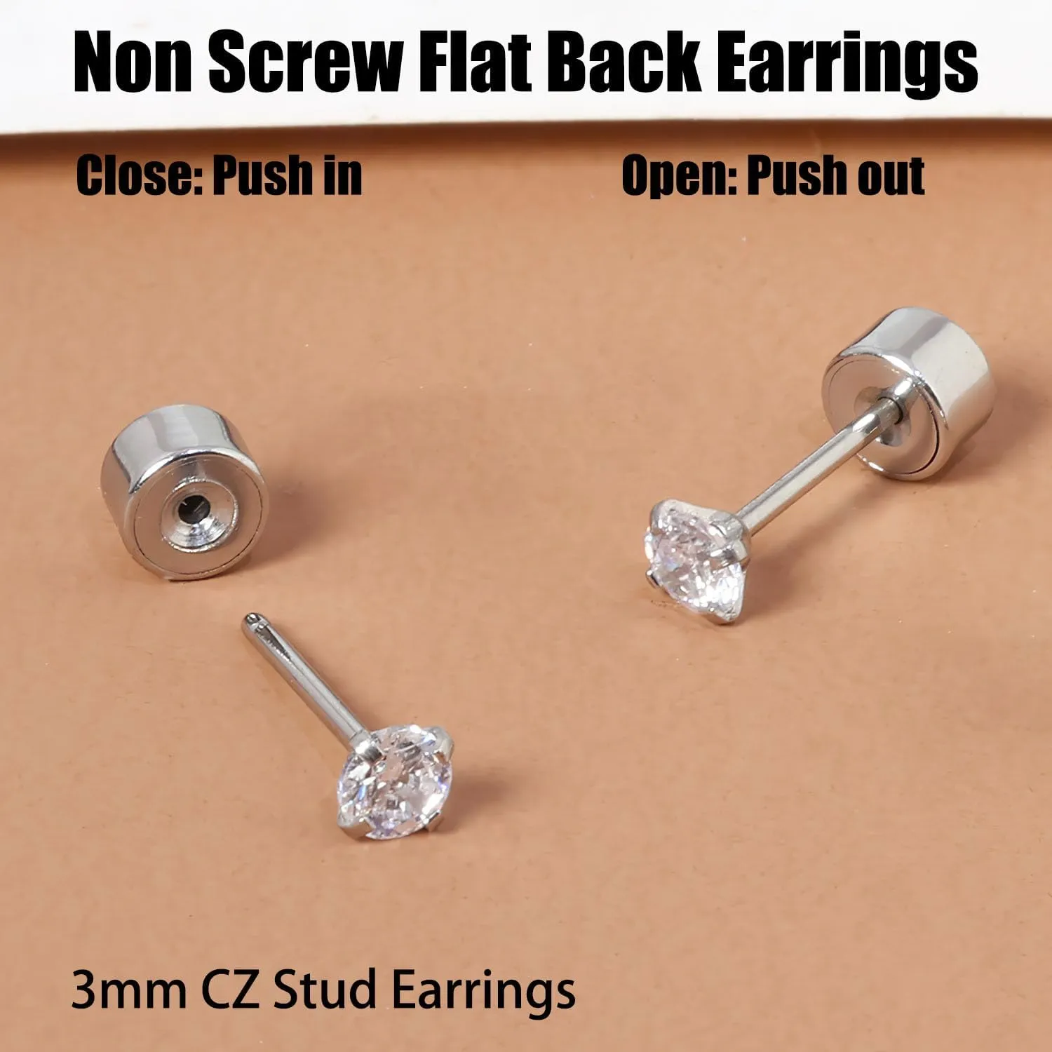 Threadless Flat Back Earrings, Hypoallergenic 14K Real Gold Plated CZ Stud Earrings | Cartilage Earring | Tragus Helix Piercing Jewelry | Push in Flatback Earrings for Women Men