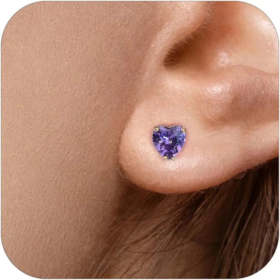 Tiny Amethyst Heart Stud Earrings for Women, 14K Gold Plated Cubic Zirconia Jewelry, Hypoallergenic 5mm Purple Earrings Gifts for Valentine's Day, Weddings & Sensitive Ears