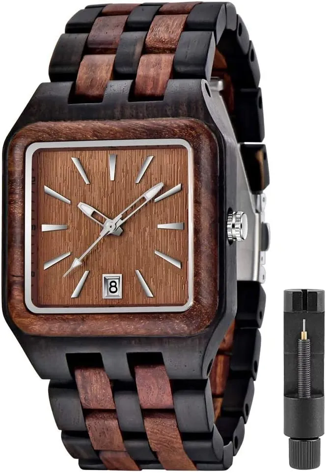 Tiong Mens Wooden Watch Analog Quartz Movement Handcraft Lightweight Wood Wrist Watch for Men