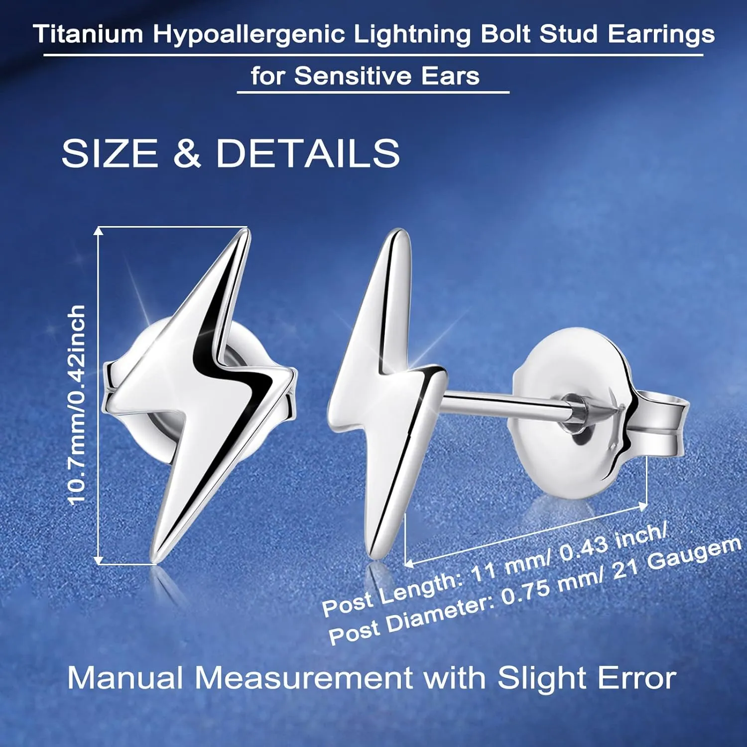 Titanium Earrings, Hypoallergenic Stud Earrings for Women Men Sensitive Ears Star/Moon/Lightning Bolt/Open Heart Premium High Polished (Shiny Grey)