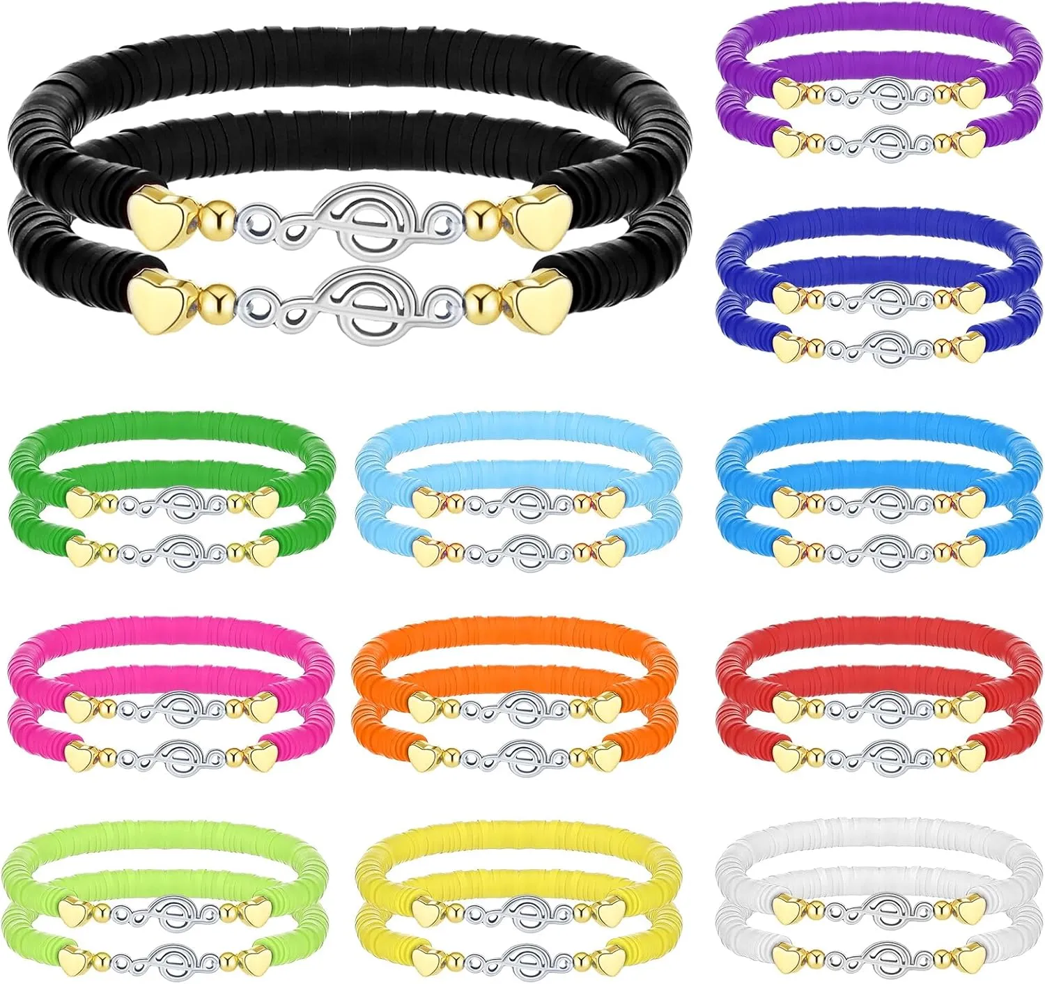 Tondiamo 24 Pcs Music Bracelets Lovers Gifts for Women and Men, Polymer Clay Music Note Beaded Bracelet Bulk for Teacher Cool Choir Gifts Colorful Note Party Favor Charms Jewelry