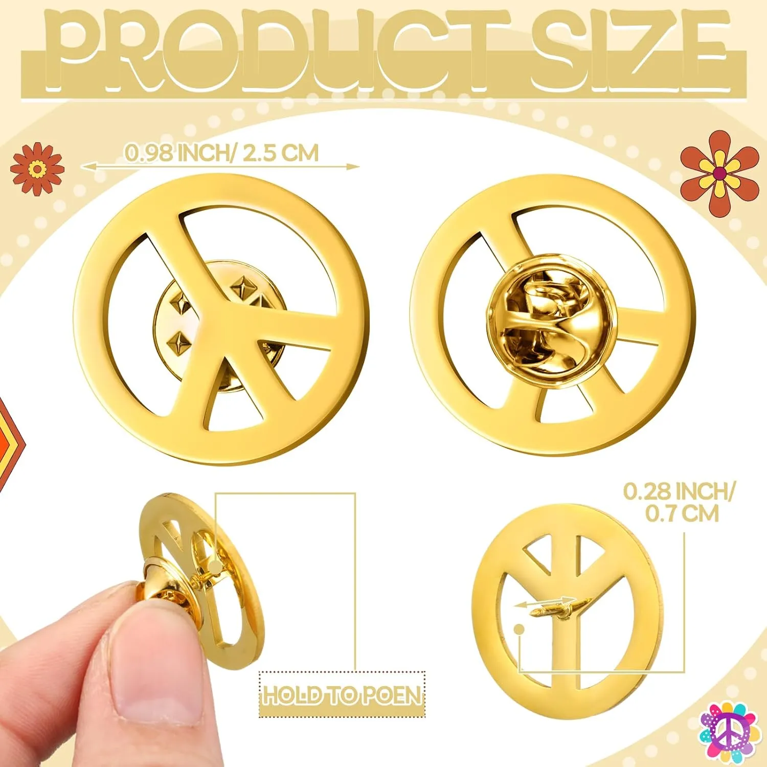 Tondiamo 24 Pcs Peace Brooch and Pins Peace Symbol Lapel Pin Peace Sign Metal Peace Brooch Hippie Brooches for Disco Party