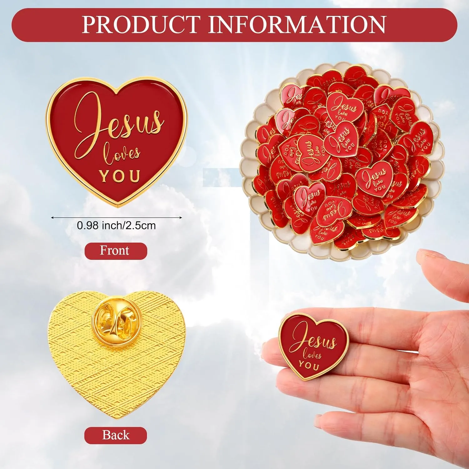 Tondiamo Jesus Loves You Pins Bulk Christian Heart Pins Bulk Father's Day Gifts Religious Church Catholic Gifts for Sunday School Clergy Church Visitors Members