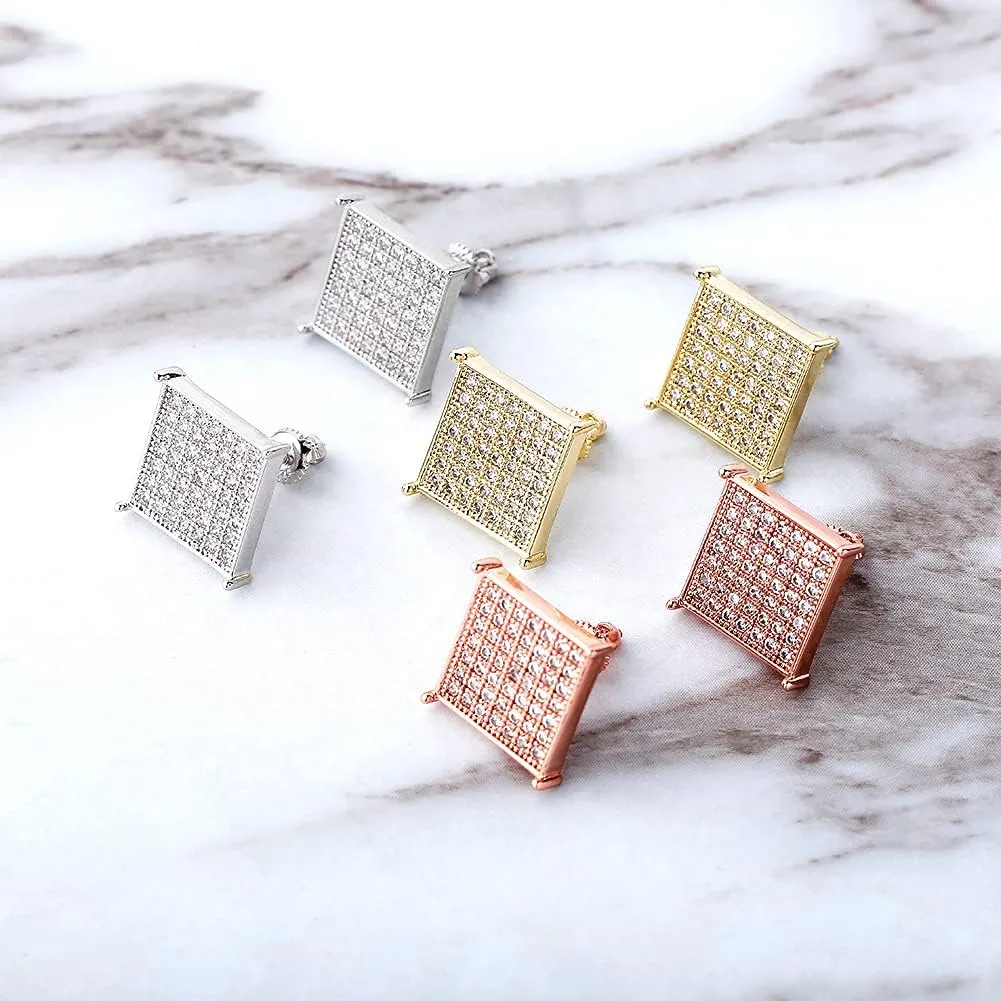 TOPGRILLZ 925 Sterling Silver Square Screw Stud Earrings 14K Gold Plated 5A  Cubic Zirconia Iced Out Square Screw Back Hypoallergenic Cube Large Stud Earrings For Men Women