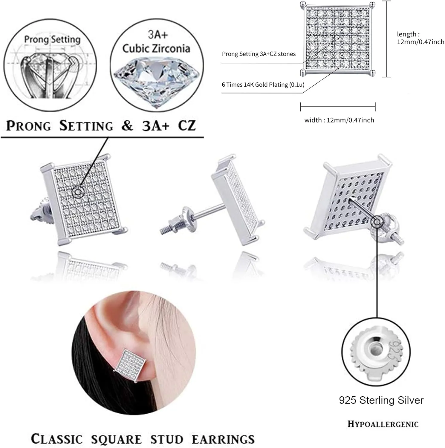 TOPGRILLZ 925 Sterling Silver Square Screw Stud Earrings 14K Gold Plated 5A  Cubic Zirconia Iced Out Square Screw Back Hypoallergenic Cube Large Stud Earrings For Men Women