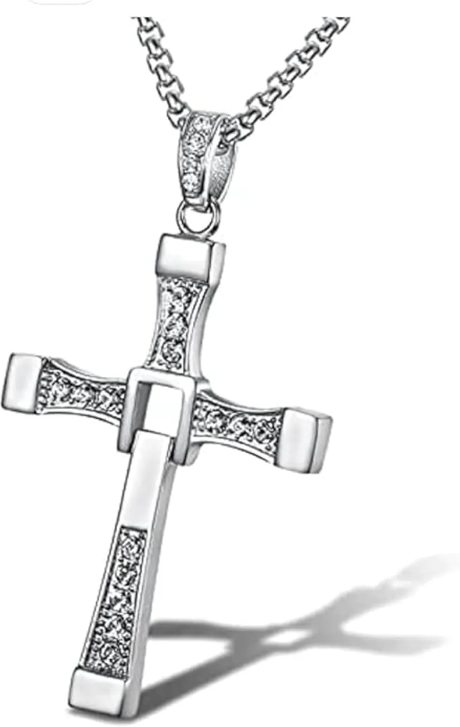Toreto Cross Pendant Necklace with Crystals, Black and Silver (plata) - Stainless Steel for Women Men Long Chain - Small Diamonds (Silver) Fast and The Furious Dominic Vin Diesel toretto dije crucifijo don toreto 