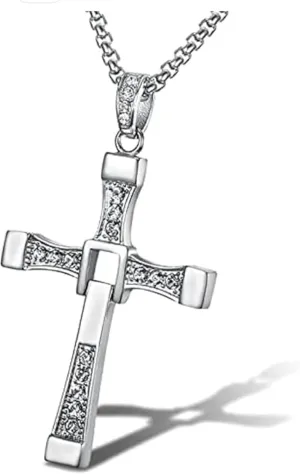 Toreto Cross Pendant Necklace with Crystals, Black and Silver (plata) - Stainless Steel for Women Men Long Chain - Small Diamonds (Silver) Fast and The Furious Dominic Vin Diesel toretto dije crucifijo don toreto 