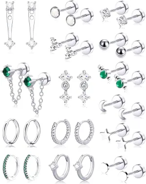 Tornito 15 Pairs Tiny Gold Stud Flat Back Earrings For Multiple Piercing 20G Stainless Steel Cartilage Earrings Stacks Ball CZ Emerald Green Small Hoop Earrings Sets Helix Piercing Jewelry For Women