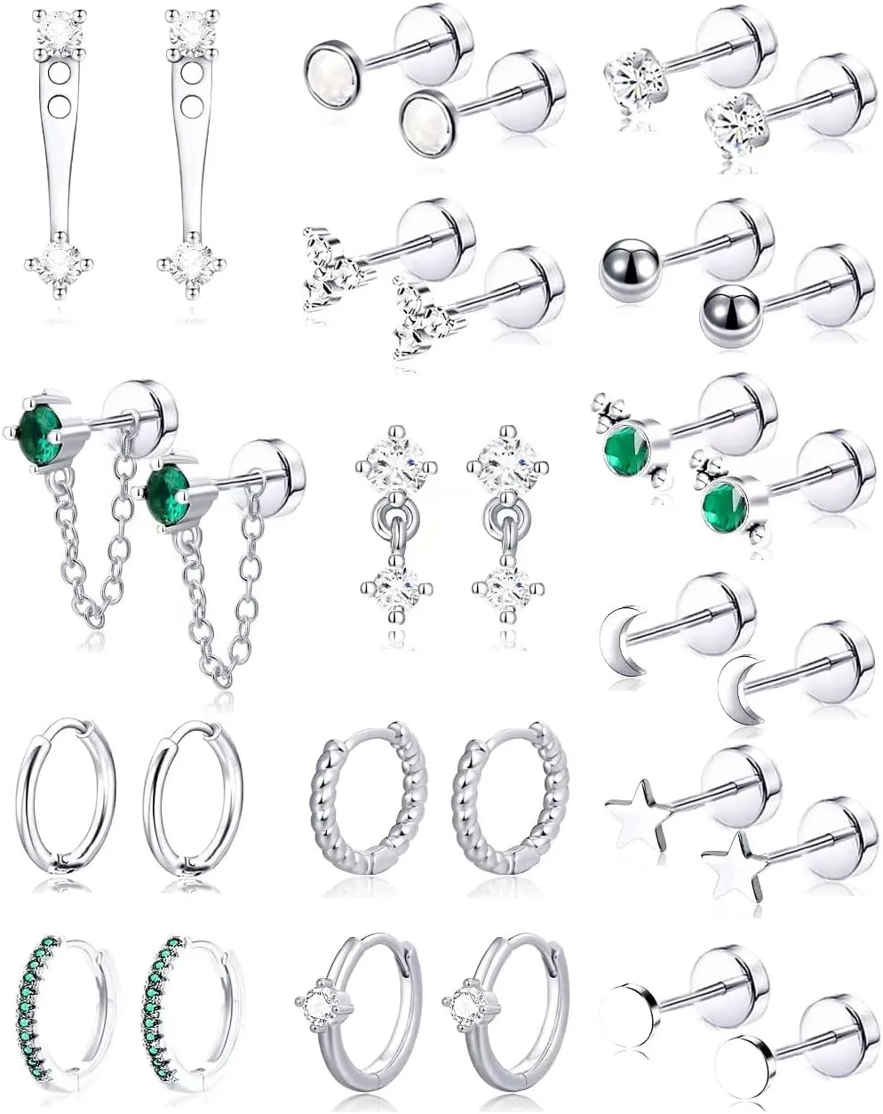 Tornito 15 Pairs Tiny Gold Stud Flat Back Earrings For Multiple Piercing 20G Stainless Steel Cartilage Earrings Stacks Ball CZ Emerald Green Small Hoop Earrings Sets Helix Piercing Jewelry For Women