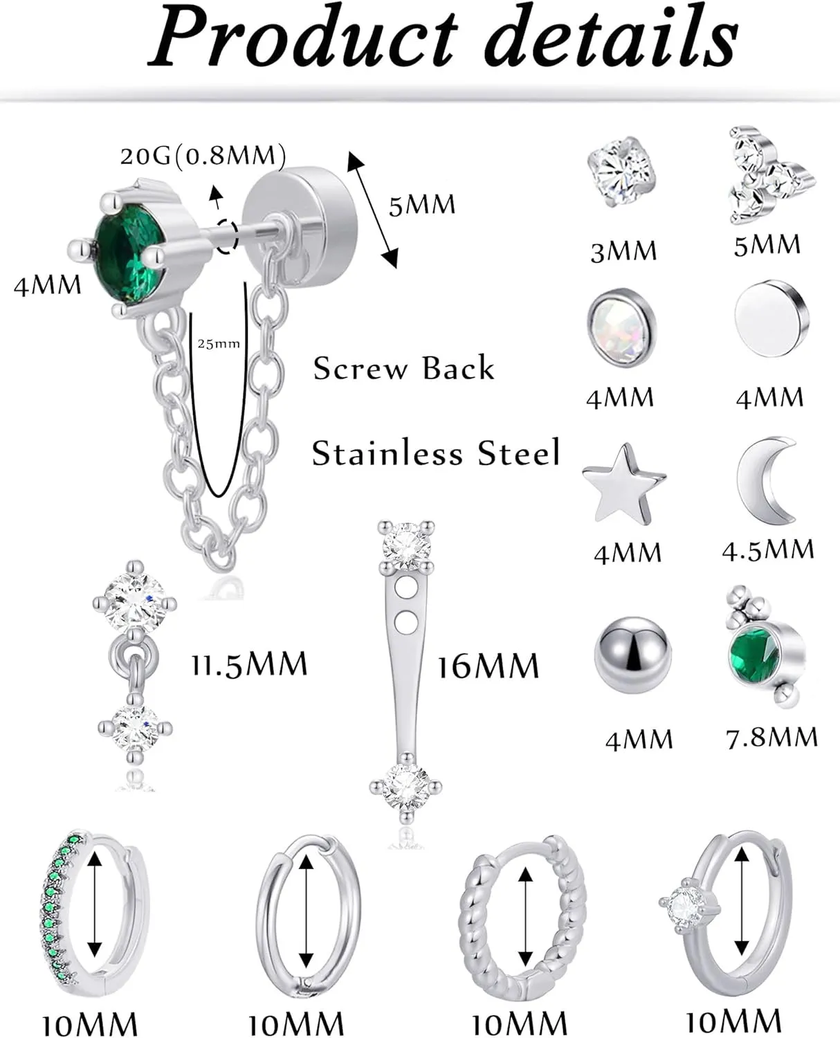 Tornito 15 Pairs Tiny Gold Stud Flat Back Earrings For Multiple Piercing 20G Stainless Steel Cartilage Earrings Stacks Ball CZ Emerald Green Small Hoop Earrings Sets Helix Piercing Jewelry For Women