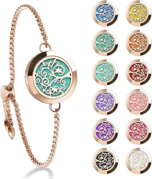 ttstar Essential Oil Diffuser Bracelet Stainless Steel Aromatherapy Locket Adjustable Bracelet Set with 24 Refill Pads in 12 Assorted Colors, Gifts Set for Women(Rose Gold)