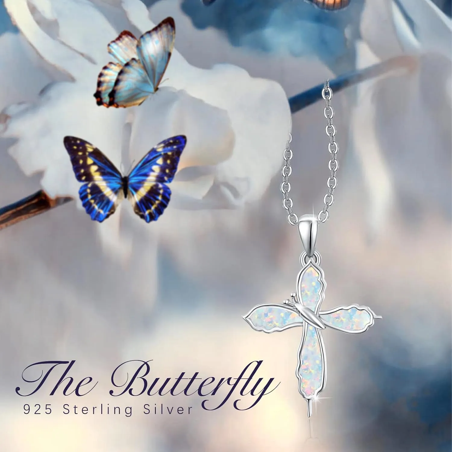 TUGHRA Opal Butterfly Necklace Cross Pendant, Confirmation Gifts for Teenage 925 Sterling Silver Irregular Butterfly Necklaces Jewelry Gift Daughter Mom Spiritual Gifts for Women