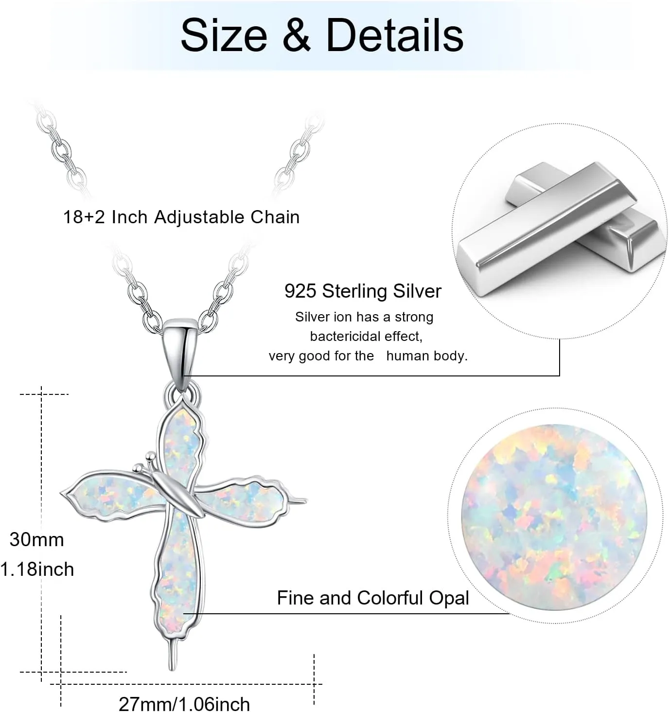 TUGHRA Opal Butterfly Necklace Cross Pendant, Confirmation Gifts for Teenage 925 Sterling Silver Irregular Butterfly Necklaces Jewelry Gift Daughter Mom Spiritual Gifts for Women