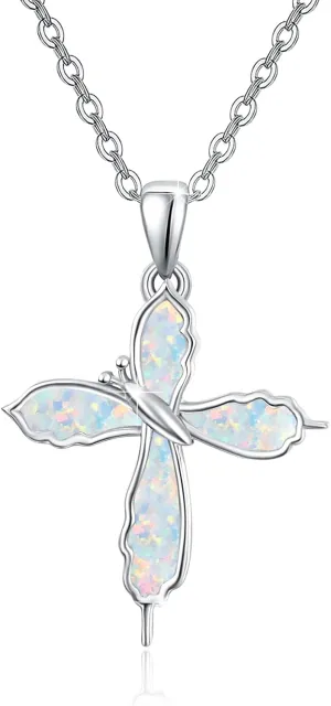TUGHRA Opal Butterfly Necklace Cross Pendant, Confirmation Gifts for Teenage 925 Sterling Silver Irregular Butterfly Necklaces Jewelry Gift Daughter Mom Spiritual Gifts for Women