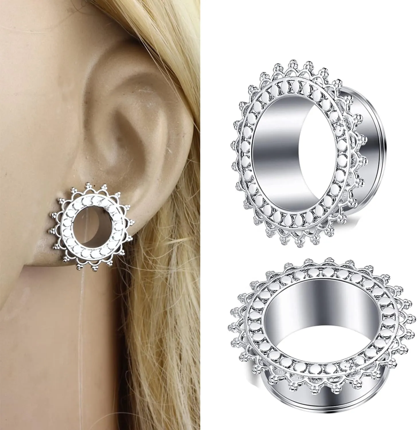 Tunnel Plugs for Women Stainless Steel Ear Gauges Gold/Silver with Vintage Flower Ear Tunnels Expander Piercing, 1 Pair, 12MM/14MM/16MM/18MM