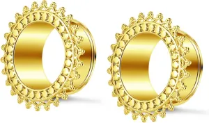 Tunnel Plugs for Women Stainless Steel Ear Gauges Gold/Silver with Vintage Flower Ear Tunnels Expander Piercing, 1 Pair, 12MM/14MM/16MM/18MM