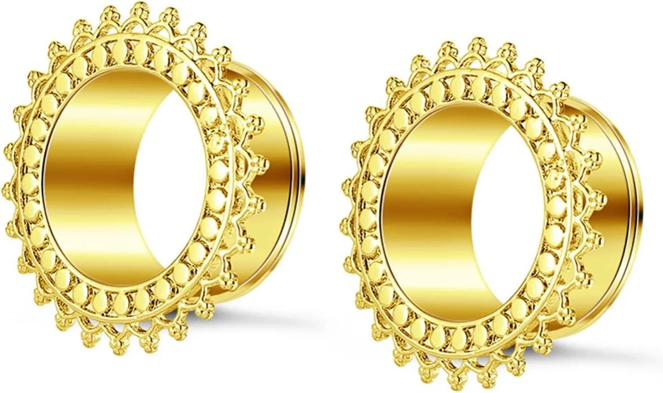 Tunnel Plugs for Women Stainless Steel Ear Gauges Gold/Silver with Vintage Flower Ear Tunnels Expander Piercing, 1 Pair, 12MM/14MM/16MM/18MM