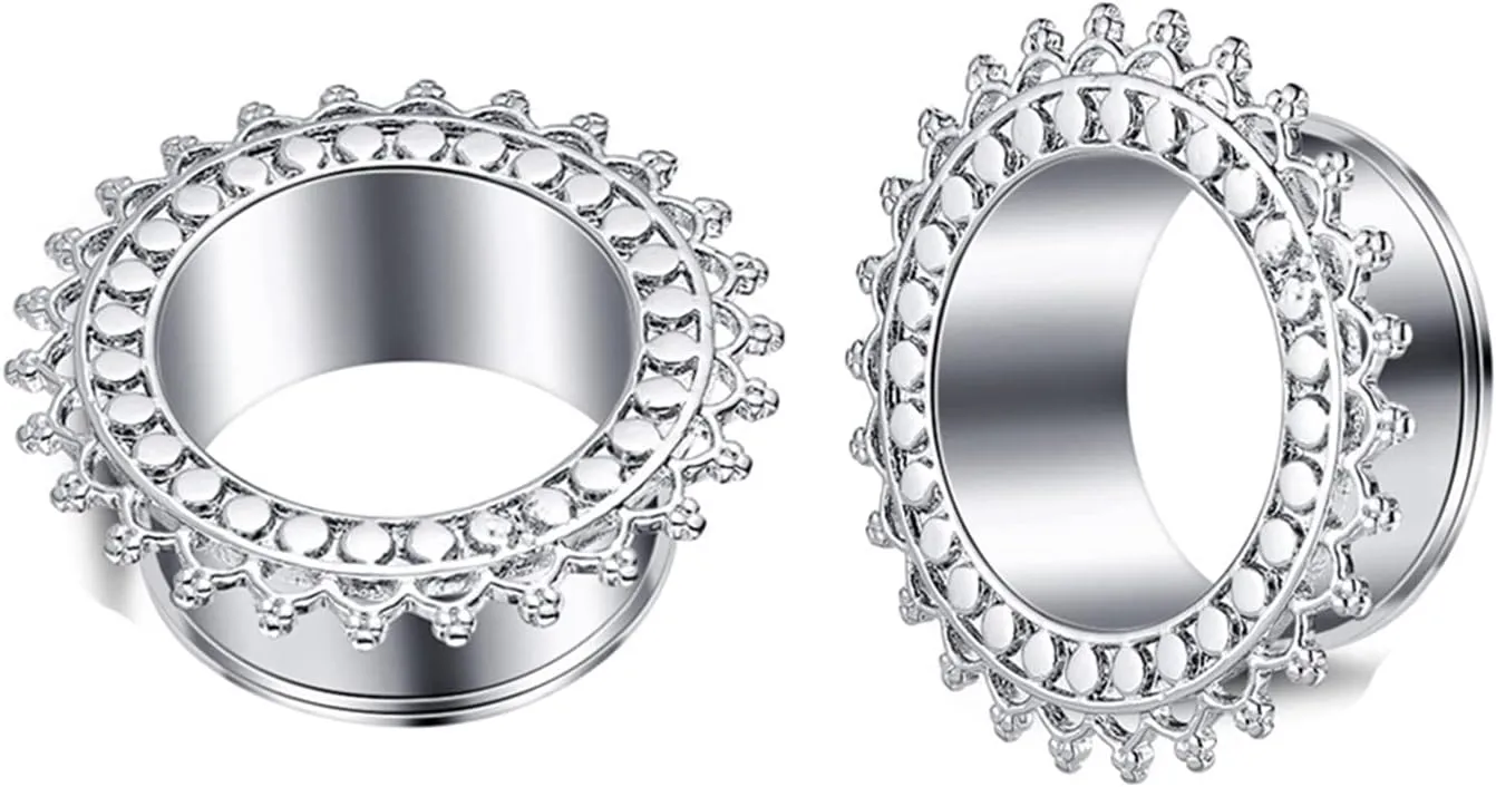 Tunnel Plugs for Women Stainless Steel Ear Gauges Gold/Silver with Vintage Flower Ear Tunnels Expander Piercing, 1 Pair, 12MM/14MM/16MM/18MM