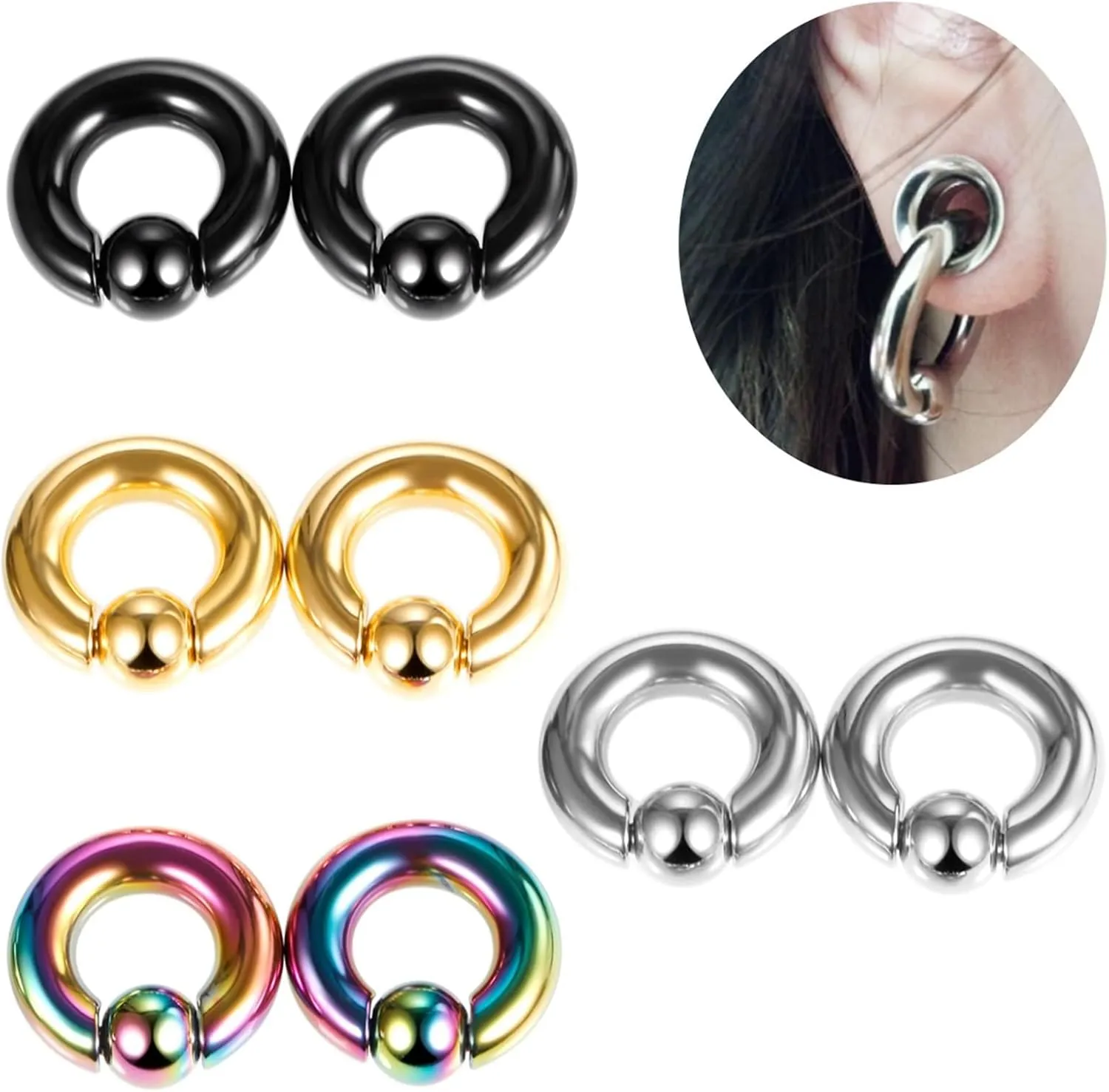 Tunnels for Ears Stainless Steel Ear Gauges Men and Women Gold Hoop with Round Ball Ear Tunnels Expander, 2PCS, 10MM/2MM/3MM/4MM/5MM/6MM/8MM