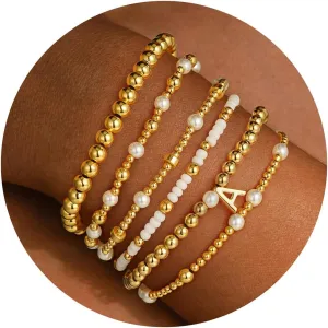 Turandoss 6PCS Beaded Initial Bracelets for Women, 18K Gold Plated Beaded Initial Letter Bracelet for Girls Women, Initial A-Z Stretch Bead Stackable Bracelet Jewelry Set Gifts