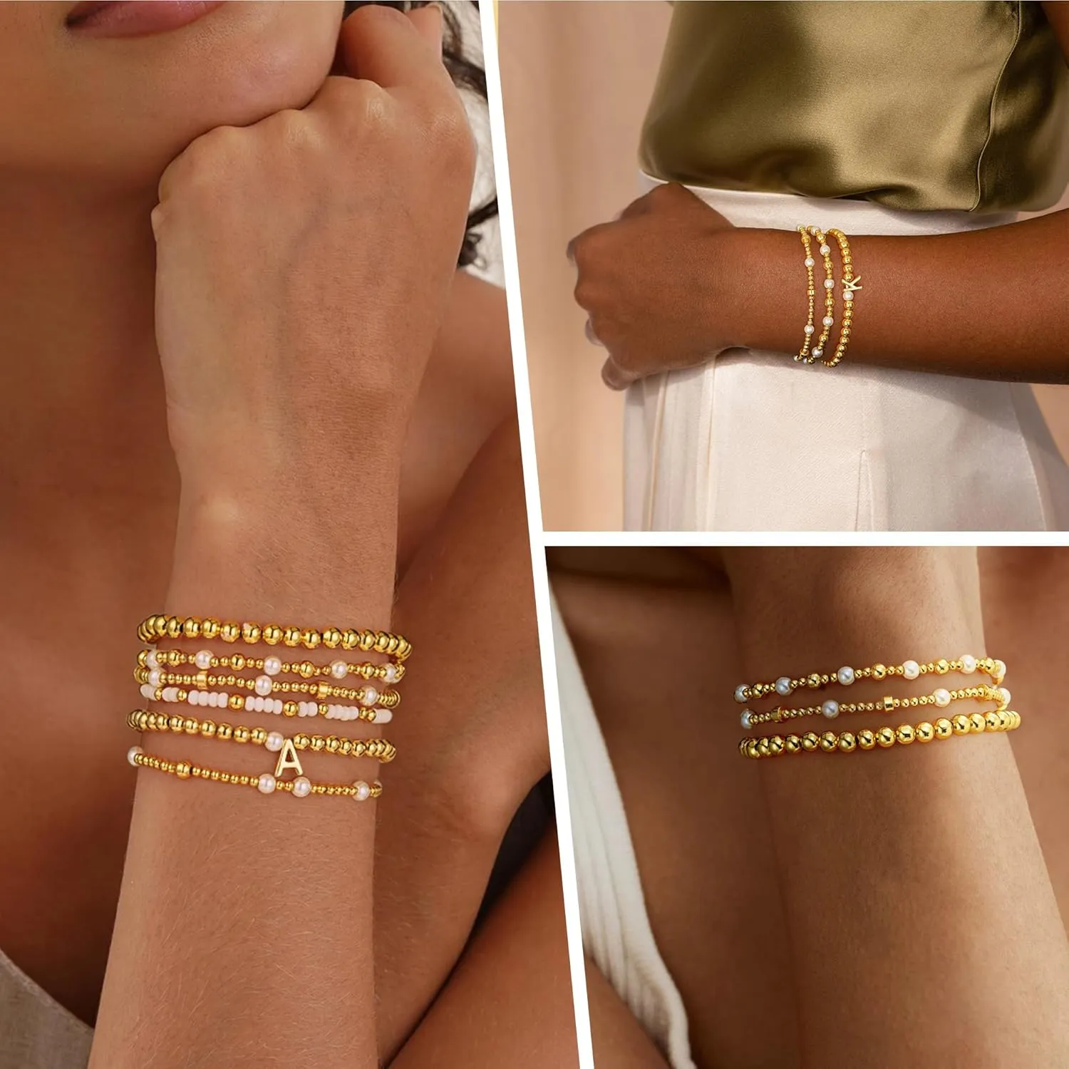 Turandoss 6PCS Beaded Initial Bracelets for Women, 18K Gold Plated Beaded Initial Letter Bracelet for Girls Women, Initial A-Z Stretch Bead Stackable Bracelet Jewelry Set Gifts