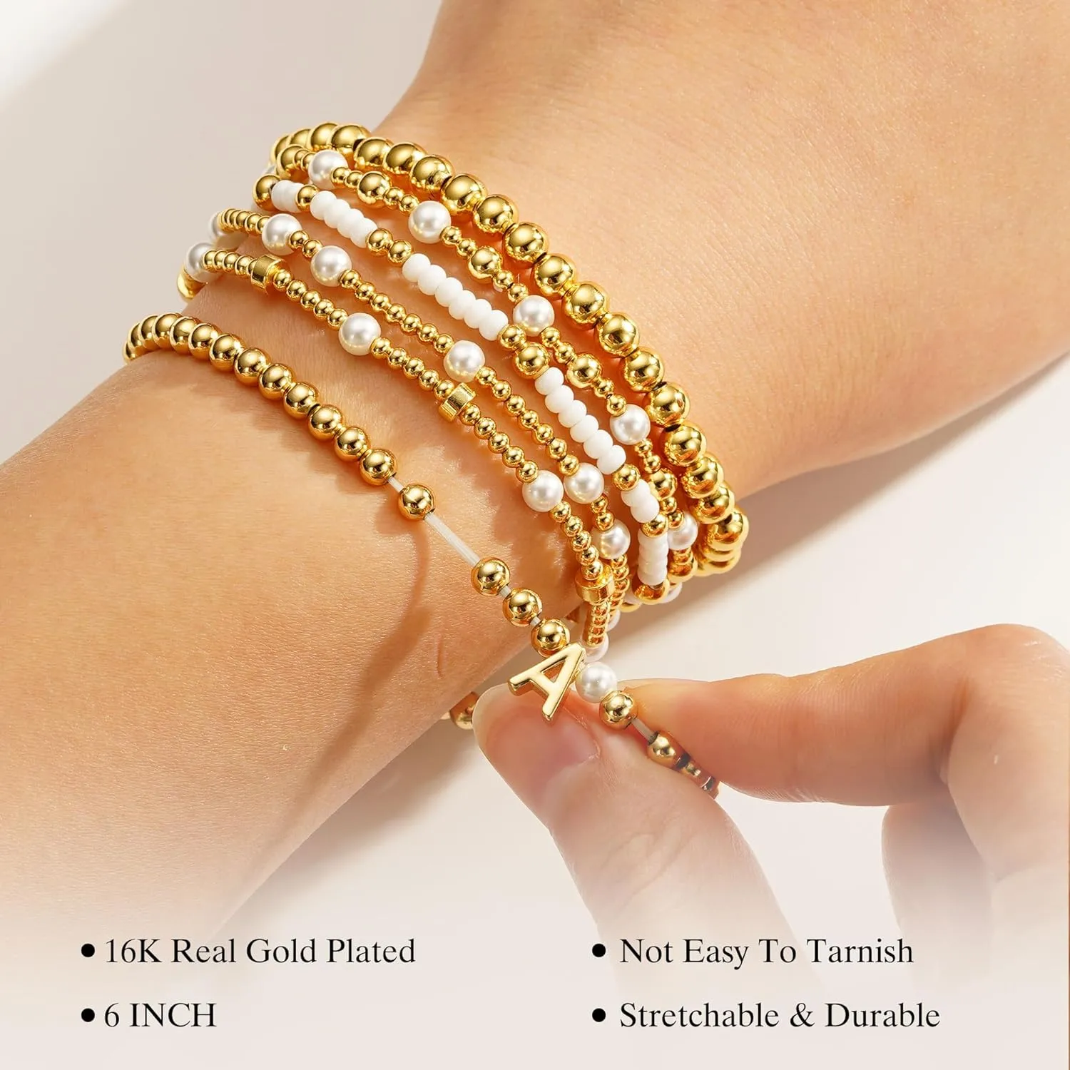 Turandoss 6PCS Beaded Initial Bracelets for Women, 18K Gold Plated Beaded Initial Letter Bracelet for Girls Women, Initial A-Z Stretch Bead Stackable Bracelet Jewelry Set Gifts