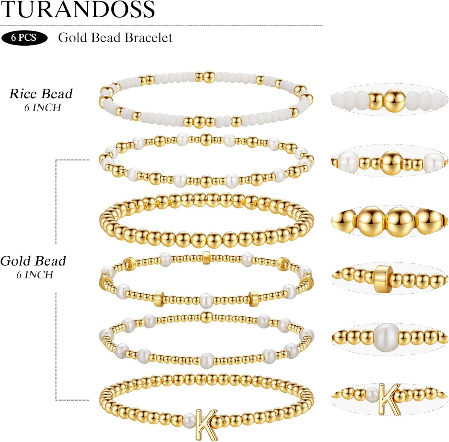 Turandoss 6PCS Beaded Initial Bracelets for Women, 18K Gold Plated Beaded Initial Letter Bracelet for Girls Women, Initial A-Z Stretch Bead Stackable Bracelet Jewelry Set Gifts