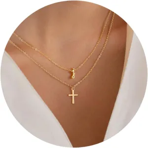 Turandoss Cross Necklace for Women Trendy - Gold Initial Letter Necklaces for Women, Personalized Layered Tiny Cross Necklace Jewelry Gifts, Dainty 14k Gold Plated Necklaces Jewelry Gifts for Her