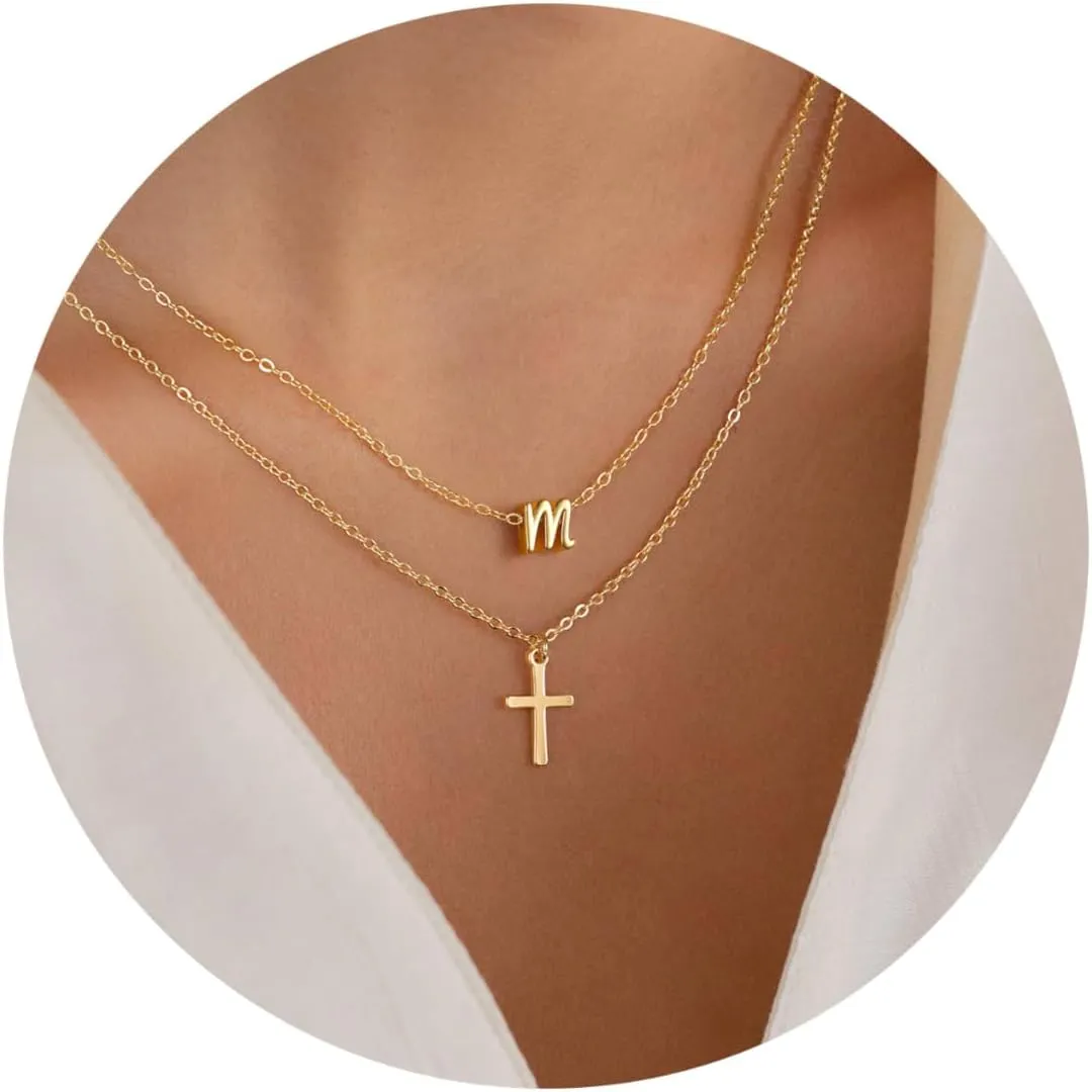 Turandoss Cross Necklace for Women Trendy - Gold Initial Letter Necklaces for Women, Personalized Layered Tiny Cross Necklace Jewelry Gifts, Dainty 14k Gold Plated Necklaces Jewelry Gifts for Her