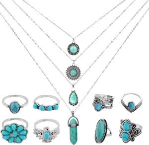 Turquoise Necklace Set - 12pcs Including 4pcs Layered Necklaces & 8pcs Stacking Rings (Silver)