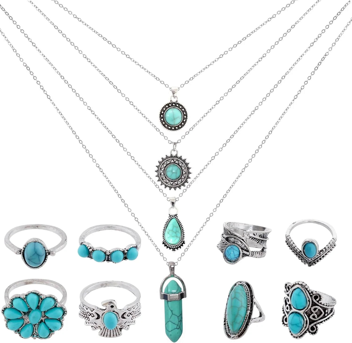 Turquoise Necklace Set - 12pcs Including 4pcs Layered Necklaces & 8pcs Stacking Rings (Silver)
