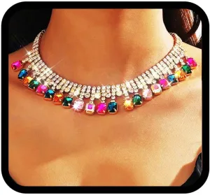 TWINKLEDE Colorful Rhinestone Choker Necklace Jewelry for Women Muticolor Crystal Necklaces with Gemstones